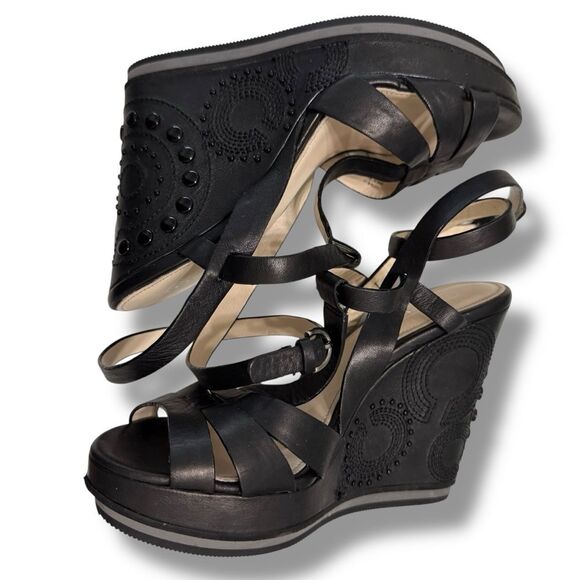Coach Catalina Wedge Heels Women’s Size 7.5B Black Leather Buckle Strap - Picture 9 of 11